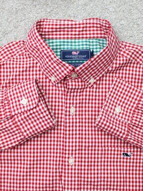 Vineyard Vines Shirt Mens Large Red Arawak Gingham Classic Tucker Long Sleeve